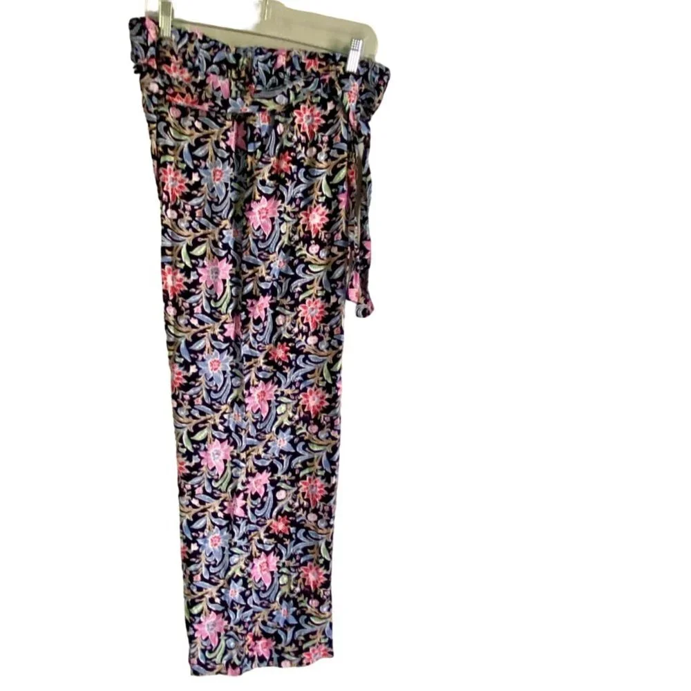 Purple & More Floral Print Paperbag Wide Leg Pants with Pockets Women's Large